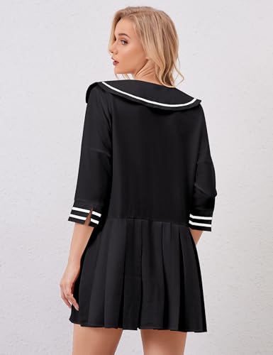 Image of Women Cute Ruffle Tunic Mini Dress Summer Pleated Babydoll Shirt Dress Casual Loose V Neck 3 /4 Sleeve Short Sundress Black