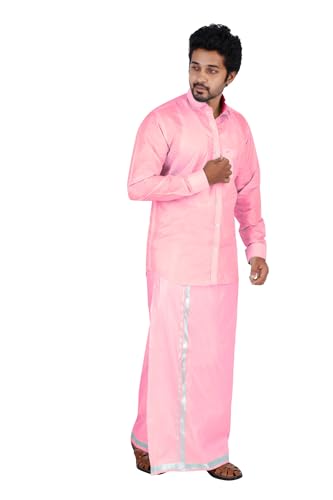 Image of PRAKASAM COTTON-Mens Art Silk Wedding Set /Art Silk 8 Mulam (8-Yard) Dhoti and Stitched Shirt for mens