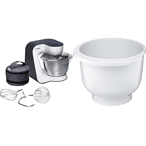 Bosch Mum54A00 Planetaria Robot Da Cucina, Ciotola In Acciaio Inox Da 3.9 L, 7 Velocita, Grigio, 900 W & Muz5Kr1 Ciotola In Plastica Per Macchina Da Cucina, Bianco