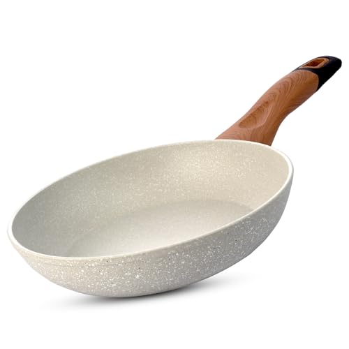 Image of BERGNER Ivory Granite Non-Stick 24cm Frypan, 3-Layer Marble Healthy Coating, Frying Pan with Wooden Soft Touch Rivetless Handle, PFOA Free, Less Oil, Forged Aluminium - Induction and Gas Stove Ready