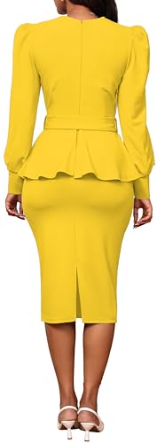 Image of Dresses for Women Elegant Long Sleeves Ruffles Pencil Knee Length Split Business Dress with Belt Zipper