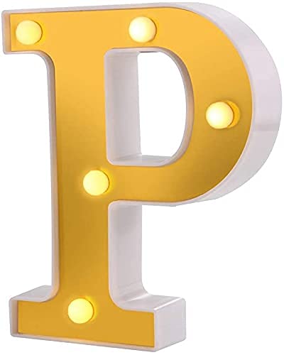 Image of SATYAM KRAFT 1 Piece Golden Marquee Alphabet Shaped LED Light - Decorative Letter Lamp for Valentine's Day, Bedroom, Wedding, Birthday, Home Decor, Romantic Gift Night and Wall Lamp (P)