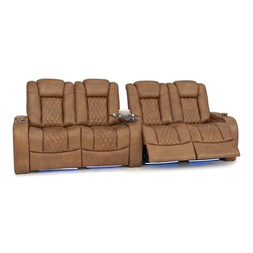 Image of Seatcraft Virtuoso LT Tawny Italian Leather Home Theater Seating, Zero Gravity Power Recliner, Heat and Massage, Powered Headrest and Lumbar Gaming and Home Office Chair, Row of 4 Middle Loveseats