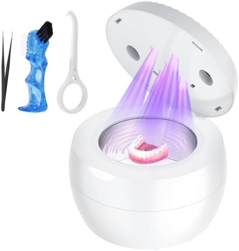 Ultrasonic Retainer Cleaner Machine, Cleaning Pod for Jewelry Cleaner, Dentures, Mouth Guards, Rings, Earrings, Glasses- 200ML 45kHz One-Touch 5-Minute Deep Clean (White)
