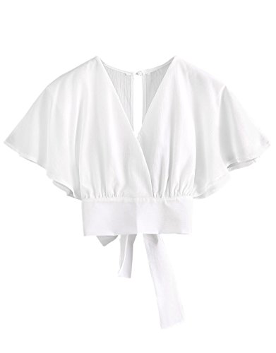 Floerns Women's Summer Cute Short Sleeve Bow Tie Crop Blouse Top
