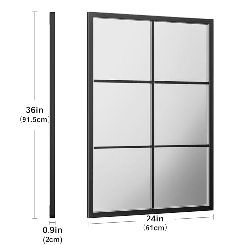 Image of Dewfig Rectangle Wall Mirror, 36 inchx24 inch Metal Frame Windowpane Mirror, Black