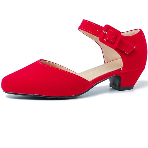 Women's Low Block Heels Ankle Buckle Strap Closed Toe Comfortable Chunky Heel Dress Work Pumps Red Suede 39US7.5