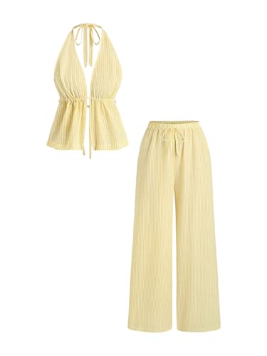 SOLY HUX Womens Summer 2 Piece Sets Striped Backless Halter Top and Pants Matching Set Beach Vacation Outfits Yellow Striped Medium