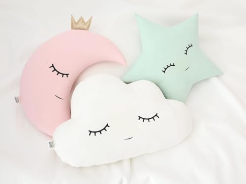 Image of SARO Cute Cloud Moon Star Pillow with Crown, Kids Cushion, Soft Toy, Soft Plush Pillow, cot, Nursery decor, Baby (Pack of 3, 16x16 inch, Velvet) | (Set 3 Moon Cloud Star Multi)