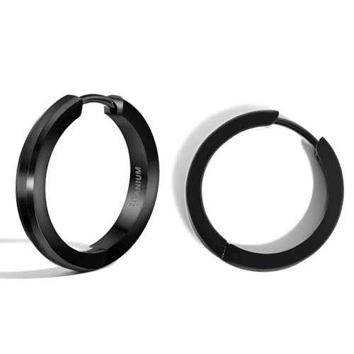 TGNEL Large Black Mens Titanium Hoop Earrings for Sensitive Ears, Fashion Brushed Titanium Earring Hoops for Men Bevel