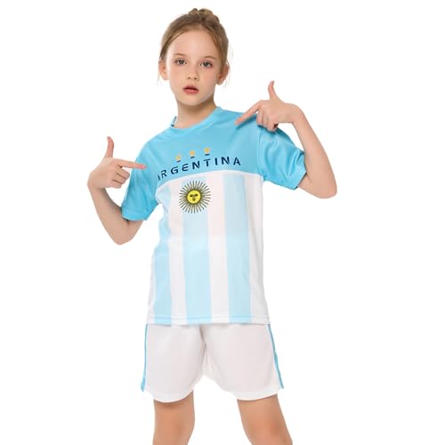 Argentina Jersey Kids Youth Soccer Jersey for Kids Boys & Girls Training Custom Soccer Jersey Football for Child Gift Set Blue White