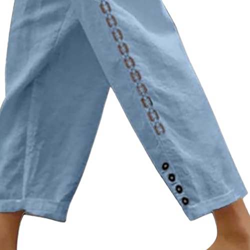 Cotton Linen Pants Women Elastic High Waist Wide Leg Plus Size Beach Trousers with Pockets2