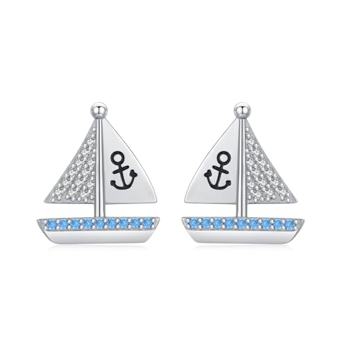 Nautical Sailboat Stud Earrings S925 Sterling Silver Sail Boat Studs Earrings Nautical Earrings mit Cubic Zirconia Sea Jewelry Earrings for WomenOcean Jewelry Gifts
