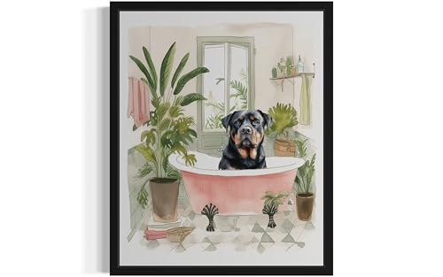 Image of Rottweiler in Bathtub Black Framed Wall Art Poster Print, Animal Bathtub Restroom Wall Art Painting for Bathroom Decor Gallery Gallery 30 (Rottweiler in Bathtub, 14 inch L x 11 inch W, Black Frame)