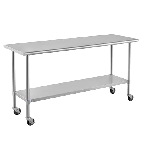 Image of ROCKPOINT All Stainless Steel Prep Table with Caster 24x72 Inch, Commercial Heavy Duty Workbench with Stainless Legs & Adjustable Undershelf, 890 lb Capacity for Outdoor Kitchens with Wheel