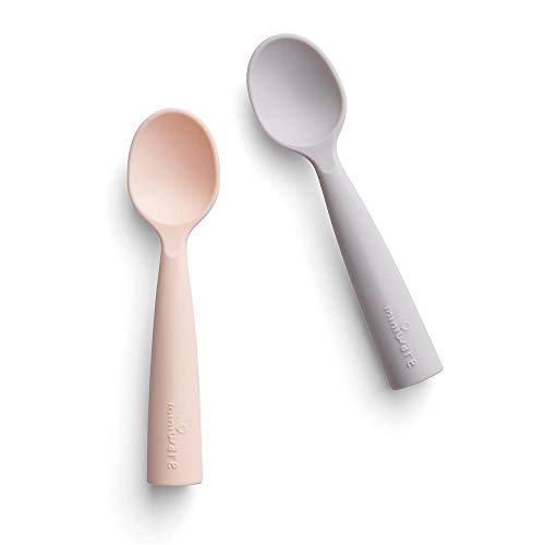 Miniware Training Spoon Cutlery Set with Carrying Case for Baby Toddler Kids - Promotes Self Feeding 100 Food Grade Silicone BPA Free Modern Durable Design Dishwasher Safe Grey and Peach