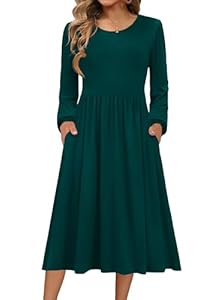 Zeagoo Kleid Langarm Damen Herbstkleid Rundhals Kleider Elegant Pulloverkleid Mit Taschen Midi Tunikakleid Wickelkleid für Herbst Winter Dunkelgrün L