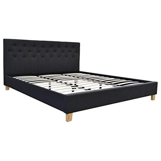 Habitat et Jardin - Lit Double Emmy en Tissu Gris Foncé 180 x 200 cm | Cadre de Lit 2 Places | Sommier et Tête de Lit Inclus | Support à Lattes en Bois
