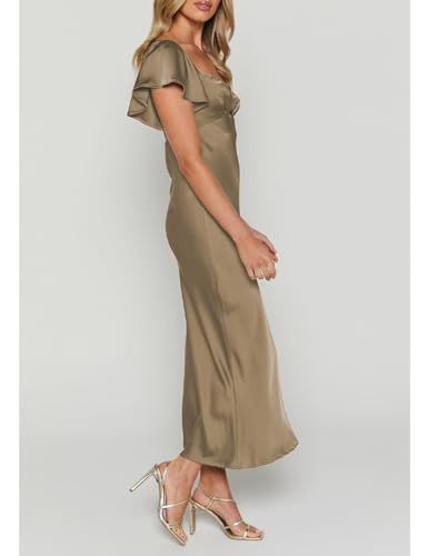 Image of Summer Satin Flutter Sleeve Wedding Guest Dresses for Women Sweetheart Neckline Cutout Tie Back Midi Cocktail Dress