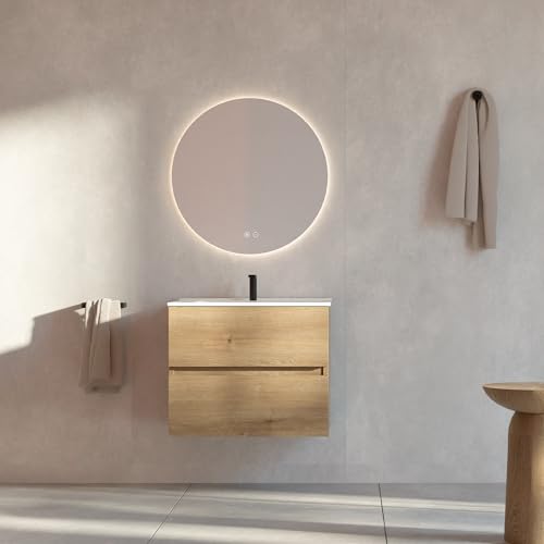 Feel Your Bath Mueble de Baño Lion 60 cm Marrón Madera con Encimera Blanca Brillo, con Espejo Redondo LED Antivaho, Lavabo, 2 Cajones Soft Close, Diseño Suspendido, Compacto para baños pequeños