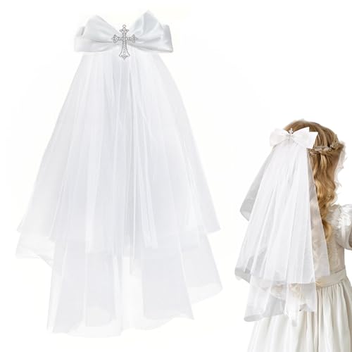 Dermalyx Kommunion Schleier Kopfschmuck, Pañuelo Blanco Moño Cruz Velo Niñas Vestimenta Comunión, Velo Níveo, Velo Boda, Adorno Bautizo