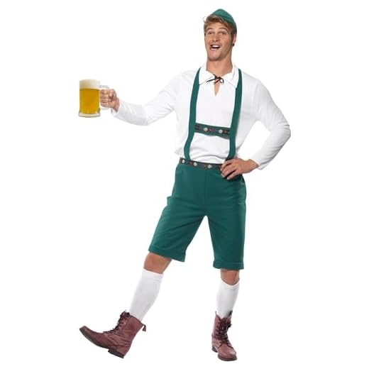 Smiffy'S 39497M Disfraz De Fiesta De La Cerveza, Pantalones Lederhose Con Tirantes, Top Y Gorro, Verde, M - Tamaño 38"-40"