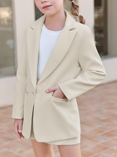 Image of Batermoon Girls 2 Piece Outfits Button Front Long Sleeve Blazer and Short Pants Suit Sets 4-14 Years