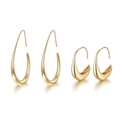 Gold silver Hoop Earrings for Women Lightweight Teardrop 18K Gold Plated Large and Small Oval Pull Through Fluid Hoop Earrings Set, Chunky Gold silver Statement Dangle Drop Earrings