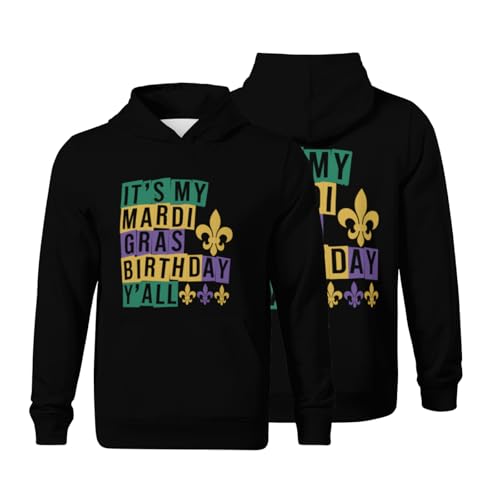 Kids Retro It's my Mardi Gras Birthday y'all Boys Girls Lightweight Kangaroo Pocket Fleece Hoodies