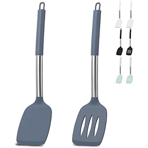 Cooptop Pack of 2 Silicone Spatula Set - Non Stick Silicone Slotted Turner and Solid Turner - 600°F Heat Resistant Cooking Utensils (Grey Blue) Cover