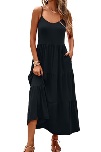 Halife Womens Flowy Tiered Maxi Dress Sleeveless Summer Sundresses Adjustable Straps Long Beach Sun Dresses with Pockets