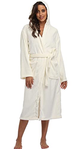 Season Dressing Women Long Fleece Hooded Bathrobe - Plush Fleece Robe Warm With Pockets Soft Fluffy Kimono For Christmas Gift, White 2Xl/3Xl #TOP19