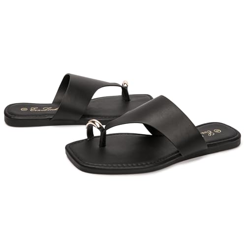 Image of Eozlink Women's Toe Ring Flat Sandals, Slip On Dressy Summer Slides | PU upper with square toe and metal accent for resort and casual outfits