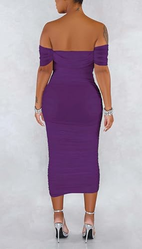 Image of Fooullaide Women's Sexy Off Shoulder Sleeveless Bodycon Ruched Midi Dress | Stretchy, Breathable, Mesh, Not See-Through, Elegant,Formal Gown, Cocktail, Evening, Party, Night Out Tube Dresses