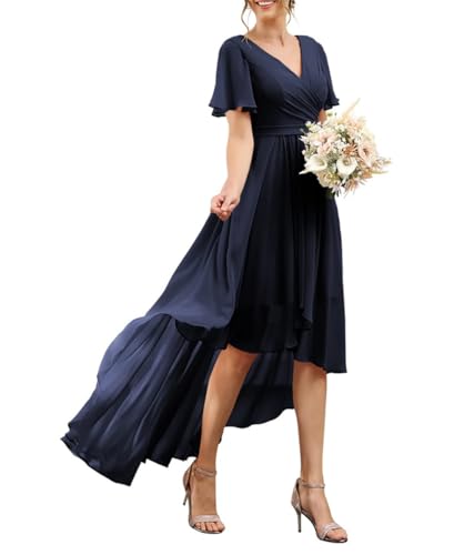 Vestidos de dama de honor de gasa para mujer, con cuello en V, largo formal, vestidos de noche y graduación, dobladillo irregular, azul marino, 50 Grande