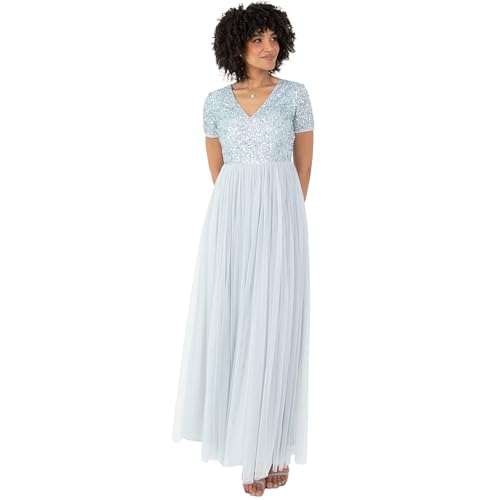 Maya Deluxe Damen-Maxikleid mit V-Ausschnitt, verziert, V-Ausschnitt, Kurze Ärmel, Empire-Taille, Abschlussball, Abschlussfeier, Brautjungfer,...