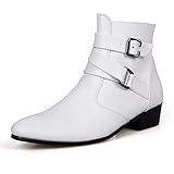 PURCHAWEE Men's Leather Pointed Toe Chelsea Boots,Buckle Straps Side Zipper Chunky Low Heel Western Formal Dress Boots Ankle Boots (10.5,White,10.5)