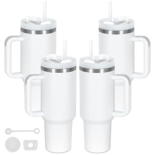Temolulu 4 Pack 40 Oz Tumbler with Handle Bulk Double Wall Vacuum Insulated Stainless Steel Tumbler with Lid and Straw 40 oz cup with Silicone Spill Proof Stopper Set (White)