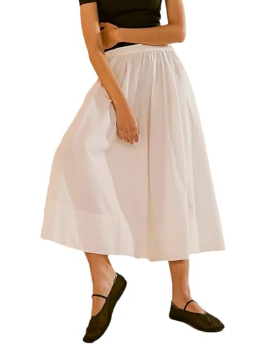 Zontroldy Women's Fashion Midi Skirt Elastic Waist Pleated Casual Cotton Long Skirts with Pockets