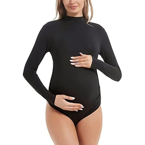 MOMOOD Maternity Bodysuit for Photoshoot Mock Neck Long Sleeve Slim Fit Pregnant Bodysuit Leotard Black XL Cover