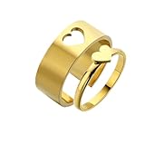 Jean Beau Gold Heart Matching Rings for Women, Valentine Dainty Statement Adjustable Open Love Couples Wide Band Wedding Prom Promise Jewelry Gift.