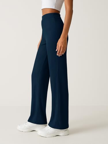 Image of Pinkmint Women High Waist Ribbed Wide Leg Trousers | Stretchable Palazzo Pants | Gym Yoga Workout Sports Activewear | Casual Lounge Travel Office Elastic Waist Flared Pants
