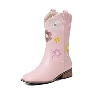 Goiphrri Cowgirl Boots For Girls Low Heel Toddler Kids Pink Cowboy Boot Floral Embroidered Mid Calf Western Boots Square Toe Horse Riding Shoes Dress Party Size 13