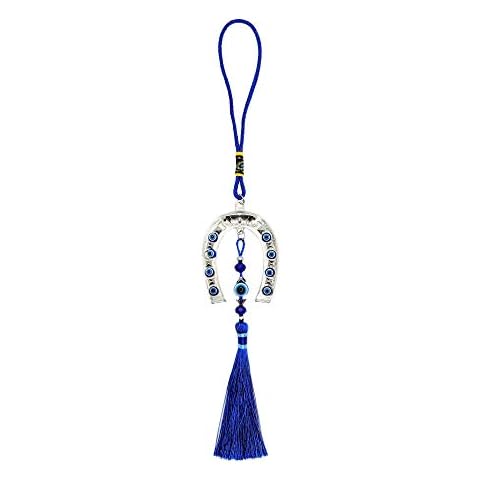 LUCKBOOSTIUM Lucky Evil Eye Horseshoe Charms Pendant w/Blue Tassels for Good Luck & Protection - Evil Eye Car Hanging Ornament - Rear View Mirror Accessories, Home Decor Charm - Gift for Men and Women Cover