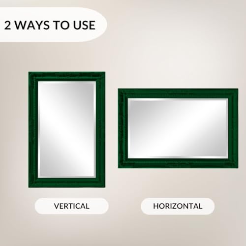 Image of Howard Elliott Collection Queen Ann Rectangular Glossy Hunter Green Wall Mirror, Rectangle Hanging Wood Framed Vanity Mirrors for Home Decor, Living Room, Bathroom, Bedroom, or Hallway, 24 x 36 Inch