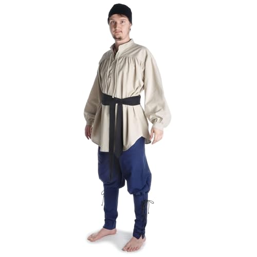 HEMAD Chemise en Coton médiévale pour Hommes - Collier et Lacet Avant – M Blanc cassé