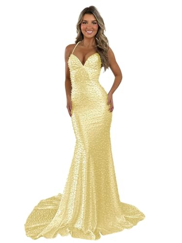 Onyu Adagil Women's Mermaid Yellow Prom Dresses 2026 Backless V Neck Long Sequins Formal Evening...