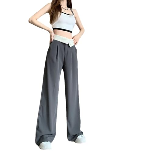 Hndudnff Pantalones de traje de retazos con botones para mujer, cintura alta, drapeados, casuales, de pierna ancha, pantalones rectos, gris, L