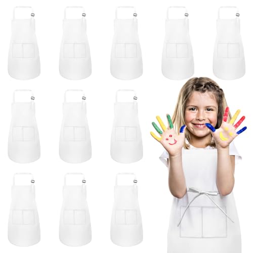 IAGBIBUI 12 Pack Kids Aprons Bulk with 2 Pockets Adjustable Chef Art Apron Kids Painting Aprons for Cooking Baking Crafting Grilling for Boys Girls Age 6-13 Years(White)