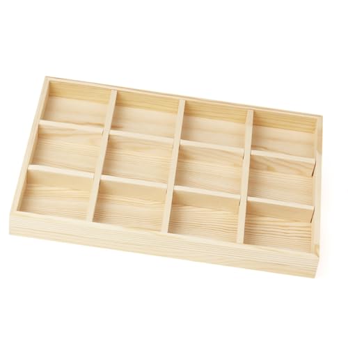 Jade Deals 35×24×3.5cm Wooden Jewellery Storage Tray – 4/12 Compartments, Natural Pine Wood, Organizer for Rings/Earrings/Necklaces, Elegant Minimalist Display for Vanity/Dresser/Retail